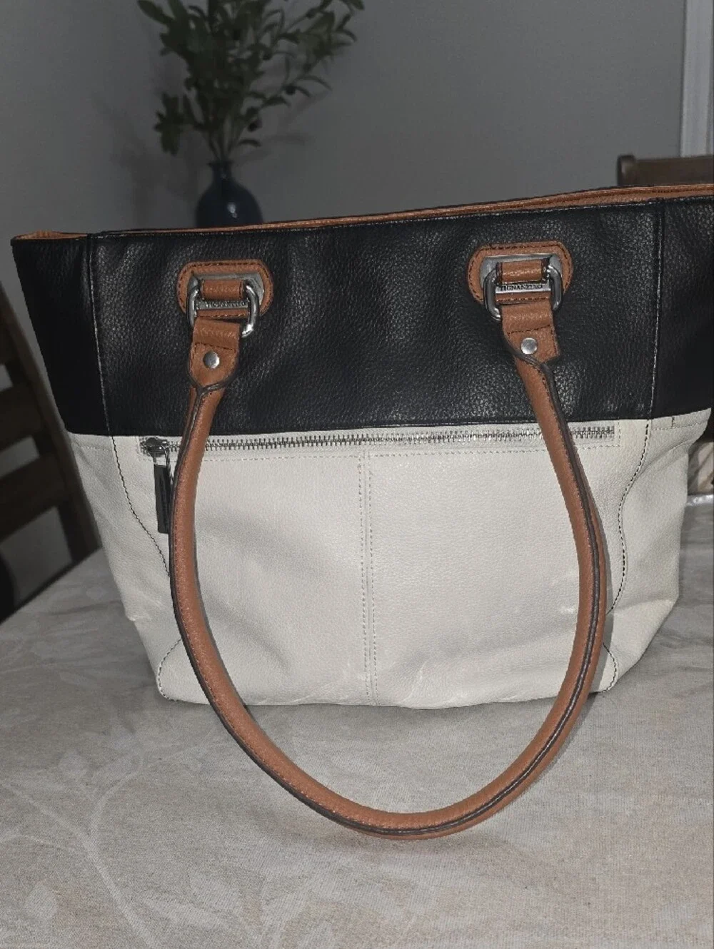 Tignanello Black, Cream & Brown Leather Tote